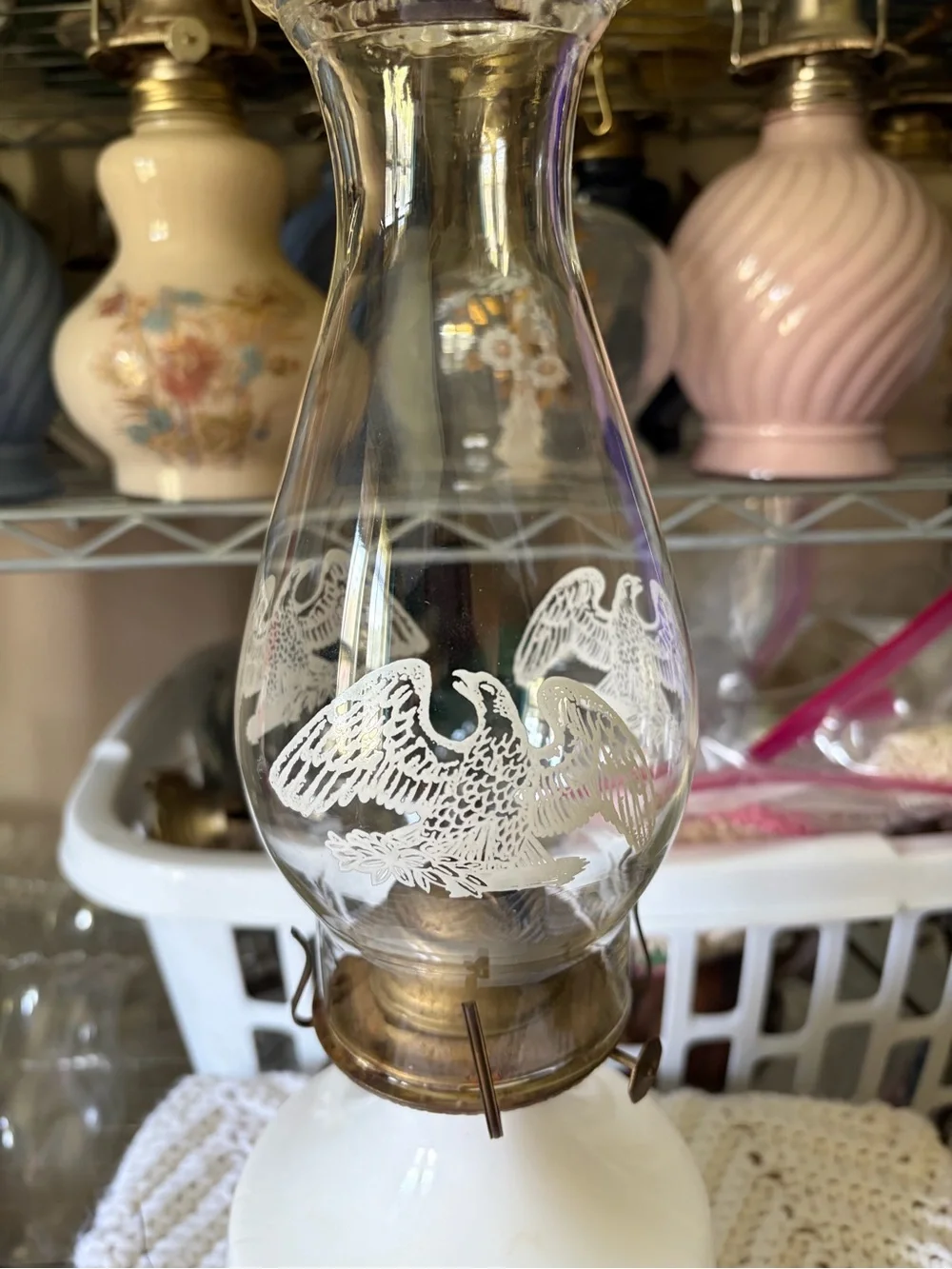 Vintage White Glass Hurricane Lamp with Gold Eagle Motif